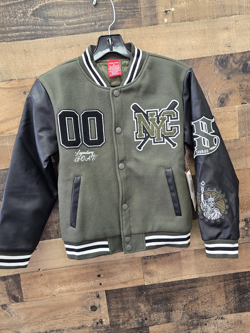 Boys Olive & Black Varsity Jacket - NYC Patch Size S
